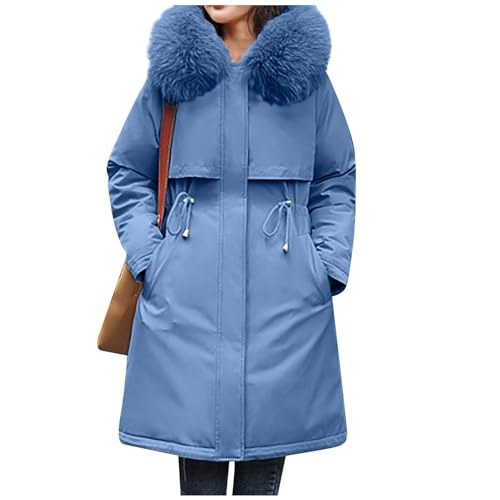 Wintermantel Damen Lang Winterjacke Damen Warm Gefüttert Fleecejacke mit Teddyfell-Kapuze Daunenmantel Taschen Winterparka Dicke Jacke Frauen Winter Mantel Fellkragen Parka Zipper Daunenjacke von FUPODD