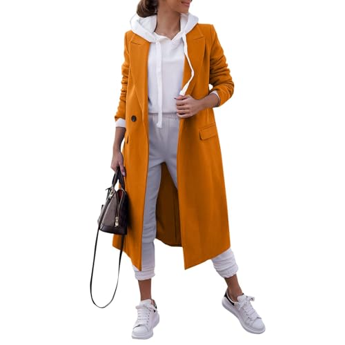 Wintermantel Damen Lang Wolle Damenmantel Elegant Wollmantel Damen Winter Trenchcoat Revers Winterjacke Warm Schlanke Mantel Windbreaker Mit Knöpfen Windjacke Tweed Jacke Frauen Einfarbig von FUPODD