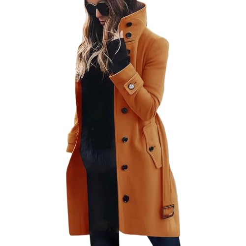 Wintermantel Damen Lang Wolle Damenmantel Elegant Wollmantel Winter Trenchcoat Stehkragen Winterjacke Warm Mantel Wintercoat Mit Knöpfen Tweed Jacke Frauen Einfarbig Outwear Mit Gürtel von FUPODD