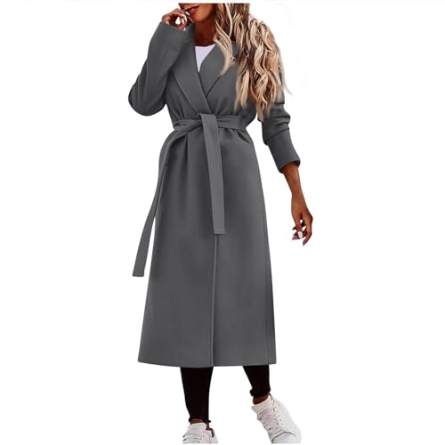 Wintermantel Damen Lang Wolle Elegant Trenchcoat Wollmantel Winter Mantel Frauen A-Linie Mit Gürtel Windjacke Revers Outwear Damenmantel Einfarbig Windbreaker Tweed Jacke Winterjacke Warm von FUPODD