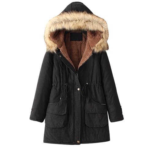 Wintermantel Damen Mittellang Dicke Winterjacke Damen Warm Gefüttert Teddyfleece Winterparka Mit Fellkapuze Mantel Frauen Winter Parka Mit Knöpfen Zipper Skijacke Mit Gürtel Kapuzenmantel von FUPODD