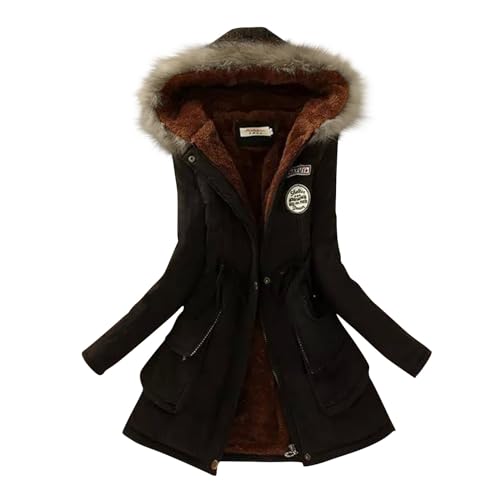 Wintermantel Damen Mittellang Dicke Winterjacke Damen Warm Gefüttert Teddyfleece Winterparka Mit Fellkapuze Mantel Frauen Winter Parka Mit Knöpfen Zipper Skijacke Mit Gürtel Kapuzenmantel von FUPODD