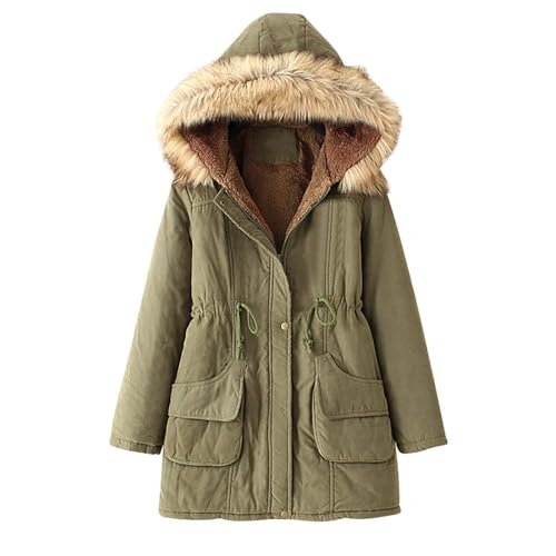 Wintermantel Damen Mittellang Dicke Winterjacke Damen Warm Gefüttert Teddyfleece Winterparka Mit Fellkapuze Mantel Frauen Winter Parka Mit Knöpfen Zipper Skijacke Mit Gürtel Kapuzenmantel von FUPODD