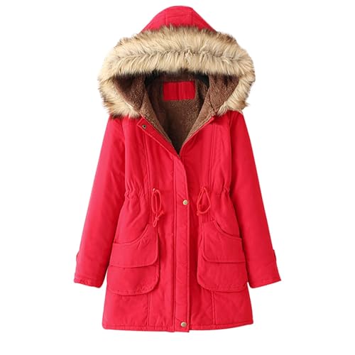 Wintermantel Damen Mittellang Dicke Winterjacke Damen Warm Gefüttert Teddyfleece Winterparka Mit Fellkapuze Mantel Frauen Winter Parka Mit Knöpfen Zipper Skijacke Mit Gürtel Kapuzenmantel von FUPODD
