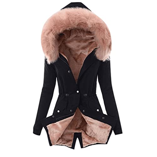 Wintermantel Damen Mittellang Winterjacke Warm Gefüttert Fleece Parka Mantel Mit Kapuze Kunstpelzkragen Jacke Frauen Winter Winterparka Verdickene Outdoor Übergangsjacke Mit Knöpfen Zipper von FUPODD