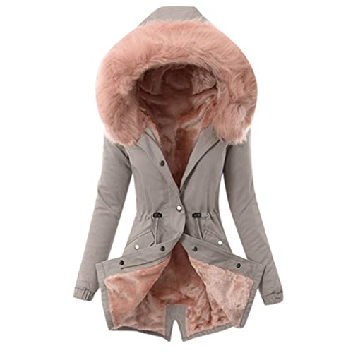 Wintermantel Damen Mittellang Winterjacke Warm Gefüttert Fleece Parka Mantel Mit Kapuze Kunstpelzkragen Übergangsjacke Mit Knöpfen Zipper Jacke Frauen Winter Winterparka Verdickene Outdoor von FUPODD