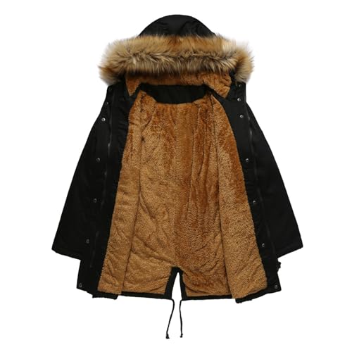 Wintermantel Damen Mittellang Winterparka Mit Fellkapuze Dicke Winterjacke Damen Warm Gefüttert Teddyfleece Mantel Frauen Winter Parka Mit Knöpfen Zipper Kapuzenmantel Skijacke Mit Gürtel von FUPODD
