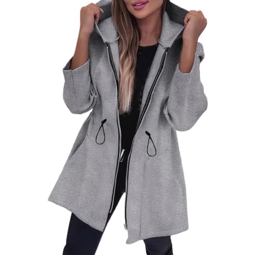 Wollmantel Damen Mit Kapuze Winterjacke Damen Warm Wintermantel Damen Lang Tweed Jacke Winter Herbstmantel Mit Taschen Trenchcoat Reissverschluss Mantel Frauen Parka Übergangsjacke Tailliert von FUPODD