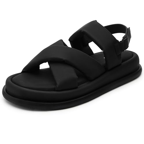 FUPPIA Damen Strappy Cross Straps Flache Sandalen Slip On Comfot Slides Open Toe Sandalen für Sommer Schwarz 37 von FUPPIA