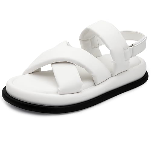 FUPPIA Damen Strappy Cross Straps Flache Sandalen Slip On Comfot Slides Open Toe Sandalen für Sommer Weiß 39 von FUPPIA