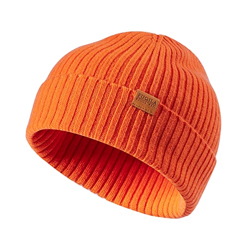 FUQILA Beanie aus 100 % Merinowolle, Unisex, warme Wintermütze, weich, atmungsaktiv und gemütlich, dehnbar, gestrickt, mit Bündchen, Orange/Abendrot im Zickzackmuster (Sunset Chevron), Einheitsgröße von FUQILA