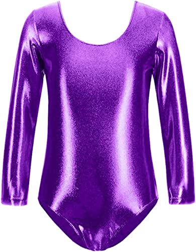 FUREINSTORE Ballet Gymnastics Classical Shiny Elastic Dance Leotard Girls Long Sleeve Round Neck Ballerina Leotard (dunkelviolett, 4 Jahre) von FUREINSTORE