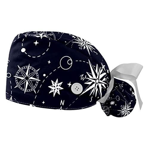 2 Stück verstellbare Arbeitskappe mit Knopf dunkelblau Kompass Sterne Muster, mehrfarbig, One size von FURINKAZAN