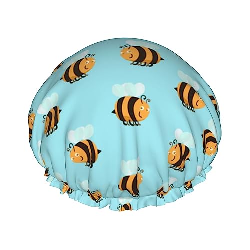 Duschhaube mit Cartoon-Bienen-Muster, doppellagig, wasserdicht, wiederverwendbar, elastisch, für Damen und Herren von FURLOU