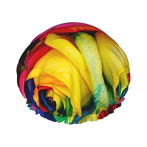 Duschhaube mit Regenbogen-Rose, doppellagig, wasserdicht, wiederverwendbar, elastisch, für Damen und Herren von FURLOU