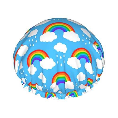 Rainbow Clouds Regentropfen-Duschhaube, doppellagig, wasserdicht, wiederverwendbar, elastisch, für Damen und Herren von FURLOU