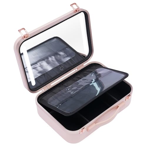 Reise Make up Box mit Leuchtendem Spiegel, Makeup Case Und Customized Dividers,3 einstellbare Helligkeiten, Large Makeup Artist Organizer Kit, Wiederaufladbare Make up Organizer, Tragbare, Rosa von FUROMG