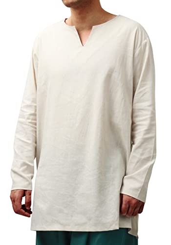 FURPHI Mittelalter Leinen Tunika Langarm Unterhemden Renaissance Cosplay Kostüm für Herren, Elfenbein, Large von FURPHI
