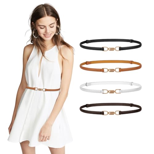 FURREN 4 pcs Schmaler Gürtel Damen Elegant Taillengürtel Damen Schmaler Gürtel für Kleid Dünner Gürtel Kleidergürtel Verstellbarer Belt Women Skinny Hüftgürtel Schmal Ledergürtel mit Goldener Schnalle von FURREN