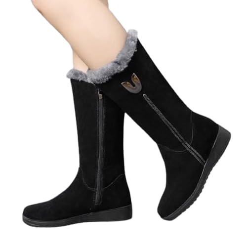 FURREN Rutschfeste warme Schneestiefel, warme hohe Pelzstiefel für Damen, Winterschuhe für Damen, klobige, mittelhohe Plüsch-Schneestiefel, flache Mode mit Reißverschluss (38/schwarz) von FURREN