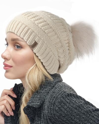 FURTALK Beaniemütze für Frauen Slouch Style Warme Wintermütze mit Kunstpelz Bommel von FURTALK