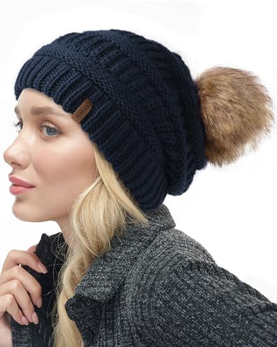 FURTALK Beaniemütze für Frauen Slouch Style Warme Wintermütze mit Kunstpelz Bommel von FURTALK