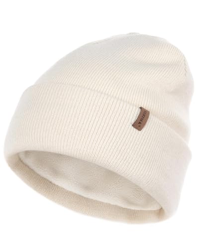 FURTALK Classic Beanie mit weiches Thermisches Polarfleece-Futter Unisex Strickmütze Warm Wintermütze für Herren & Damen Beige von FURTALK