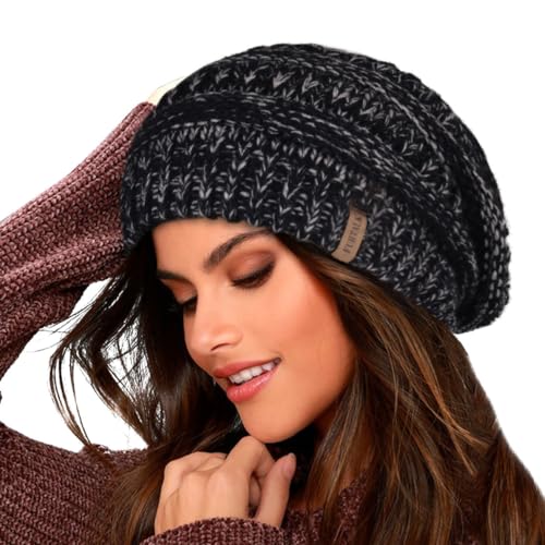 FURTALK Damen Beanie Mütze Warme Wintermütze mit Weichem Innenfutter Gefütterte Strickmütze,Schwarz mischen,Einheitsgröße von FURTALK