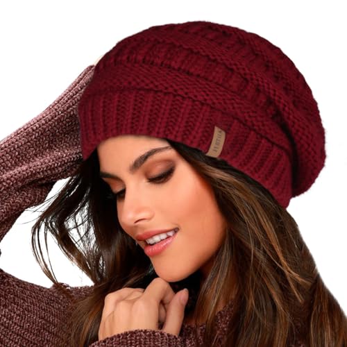 FURTALK Damen Beanie Mütze Warme Wintermütze mit Weichem Innenfutter Gefütterte Strickmütze,Weinrot,Einheitsgröße von FURTALK