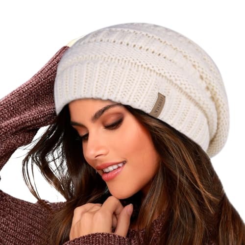 FURTALK Damen Beanie Mütze Warme Wintermütze mit Weichem Innenfutter Gefütterte Strickmütze,Beige,Einheitsgröße von FURTALK