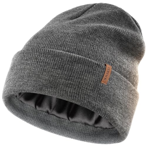 FURTALK Damen Winter Warm Satin Gefüttert Beanie Mütze Seidenfutter Strickmütze Unisex Gestrickt Wintermütze Grau von FURTALK