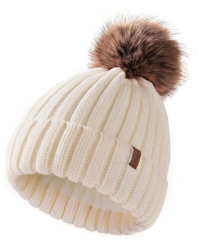 FURTALK Kleinkind Beanie Baumwollfutter Bommelmütze mit Kunstpelz Ball Unisex Mädchen & Jungen Kinder Winter Pom Pom Strickmütze von FURTALK