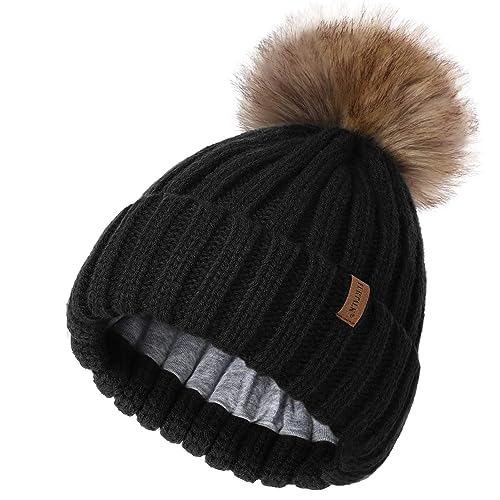 FURTALK Kleinkind Beanie Baumwollfutter Bommelmütze mit Kunstpelz Ball Unisex Mädchen & Jungen Kinder Winter Pom Pom Strickmütze von FURTALK