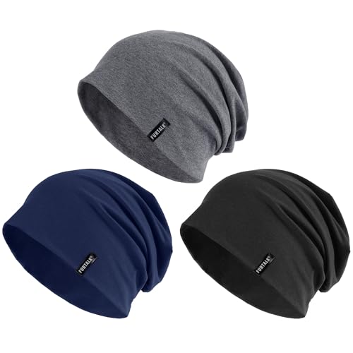 FURTALK Mütze Beanie für Herren Damen Baumwolle Sommermütze Stylisch Leicht Atmungsaktiv Laufen Schlafen Chemo Kopfbedeckung, Schwarz+Dunkelgrau+Marineblau von FURTALK