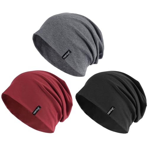 FURTALK Mütze Beanie für Herren Damen Baumwolle Sommermütze Stylisch Leicht Atmungsaktiv Laufen Schlafen Chemo Kopfbedeckung, Schwarz+Dunkelgrau+Weinrot von FURTALK