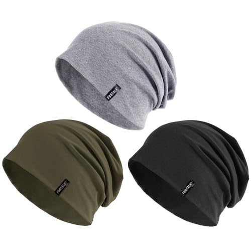 FURTALK Mütze Beanie für Herren Damen Baumwolle Sommermütze Stylisch Leicht Atmungsaktiv Laufen Schlafen Chemo Kopfbedeckung, Schwarz+Hellgrau+Olivgrün von FURTALK