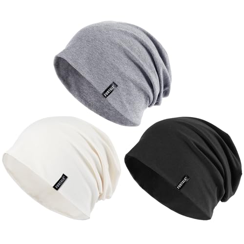 FURTALK Mütze Beanie für Herren Damen Baumwolle Sommermütze Stylisch Leicht Atmungsaktiv Laufen Schlafen Chemo Kopfbedeckung, Schwarz+Hellgrau+Weiß von FURTALK