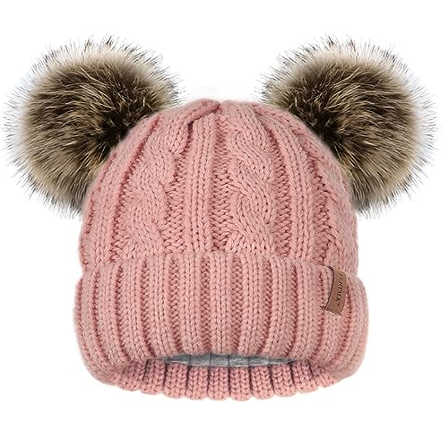 FURTALK Unisex Baby Kleinkind Kind Fleece gefütterte niedliche Beanie Strickmütze mit doppelten Kunstpelz Bommeln Warme Wintermütze für Mädchen und Jungen von FURTALK