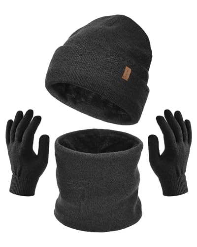 FURTALK Unisex Winter Beanie Mütze Schal und Handschuhe im 3er-Set Herren Damen Wintermütze Winterschal Touchscreen Handschuhe mit weiches Fleecefutter von FURTALK