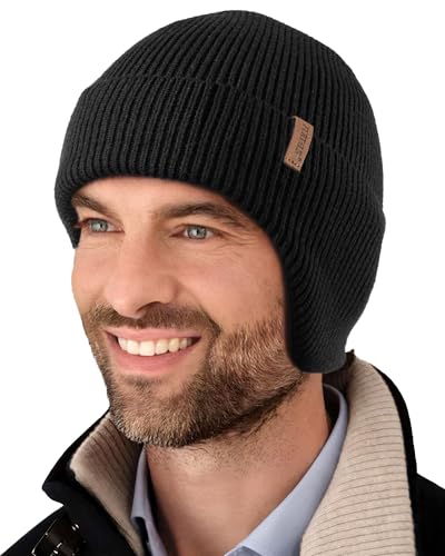 FURTALK Winter Beanie Mütze mit Ohrenklappe für Herren Damen Warm Fleece Gefüttert Strickmütze Outdoor Wintermütze Schwarz von FURTALK