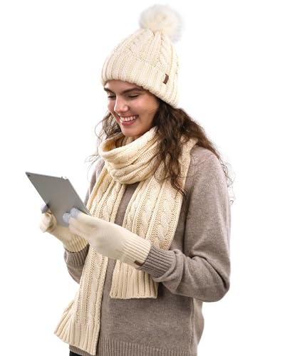 FURTALK Winter Mütze, Schal & Handschuh-Sets für Damen Fleece Gefüttert Strickmütze mit Bommel Beanie Pudelmütze Warm Wintermütze Halswärmer Touchscreen Handschuhe 3 in 1 Set Beige von FURTALK