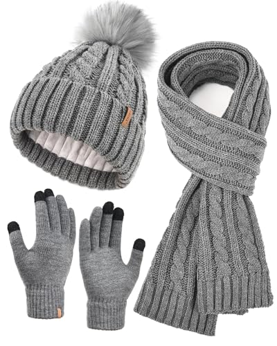 FURTALK Winter Mütze, Schal & Handschuh-Sets für Damen Fleece Gefüttert Strickmütze mit Bommel Beanie Pudelmütze Warm Wintermütze Halswärmer Touchscreen Handschuhe 3 in 1 Set Grau von FURTALK