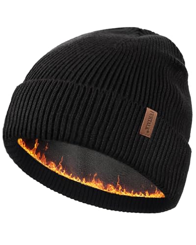 FURTALK Wintermütze für Herren Damen Fleece Gefüttert Beanie Strickmütze Unisex Warm Cuffed Outdoor Winter Mütze Schwarz von FURTALK