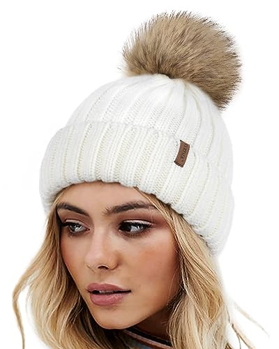 FURTALK Wintermütze warme Strickmütze Damen Mütze mit Kunstpelz Bommel von FURTALK