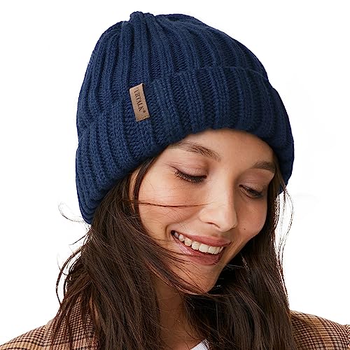 FURTALK Womens Knit Beanie Hüte Double Layer Baumwolle gefüttert Chunky Winter Slouch Style Cap, Blau, Einheitsgröße von FURTALK