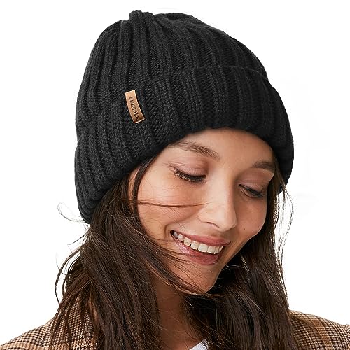 FURTALK Womens Knit Beanie Hüte Double Layer Baumwolle gefüttert Chunky Winter Slouch Style Cap, Schwarz, Einheitsgröße von FURTALK
