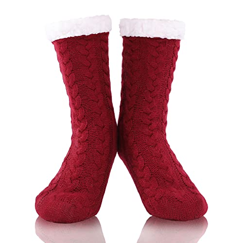 FUSACONY Damen Stoppersocken mit Anti Rutsch Noppen, Winter Warme Soft Kuschelsocken Haussocken Socken - Wintersocken mit Anti Rutsch Noppen - Dicke Haussocken Weihnachtssocken 35-42 (Rot) von FUSACONY