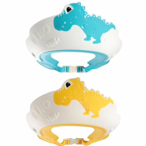 Duschhaube Kinder 2 Stück Haarwaschhilfe Kinder Duschhaube Baby Haare Waschen Kinderschutz Dinosaurier Blau Gelb von FUSHENGCHUANG