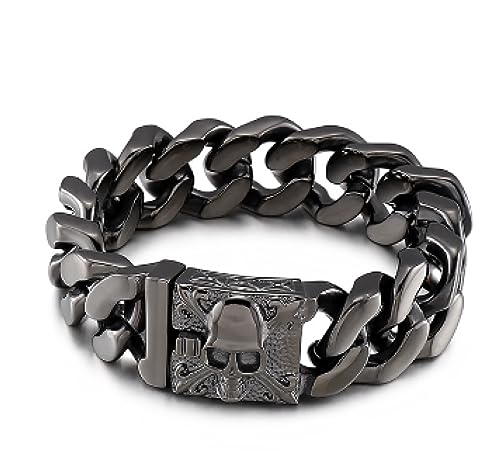 FUSHENGTER Armband Herren Armbänder Geschenk Männer Damen Armreif 20Mm Breites Schwarzes Vintage Men Of Texture Armband Totenkopf von FUSHENGTER
