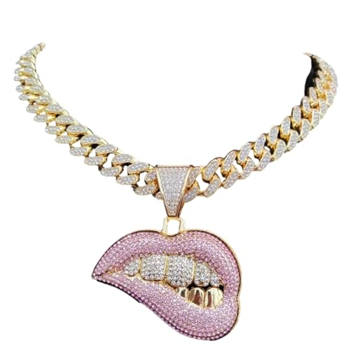 Halskette Damen Ketten Anhänger Frauen Männer Frauen Hip Hop Biss Lippe Form Anhänger Halskette Kristall Iced Out Bling Hiphop Halsketten Mode Gold von FUSHENGTER